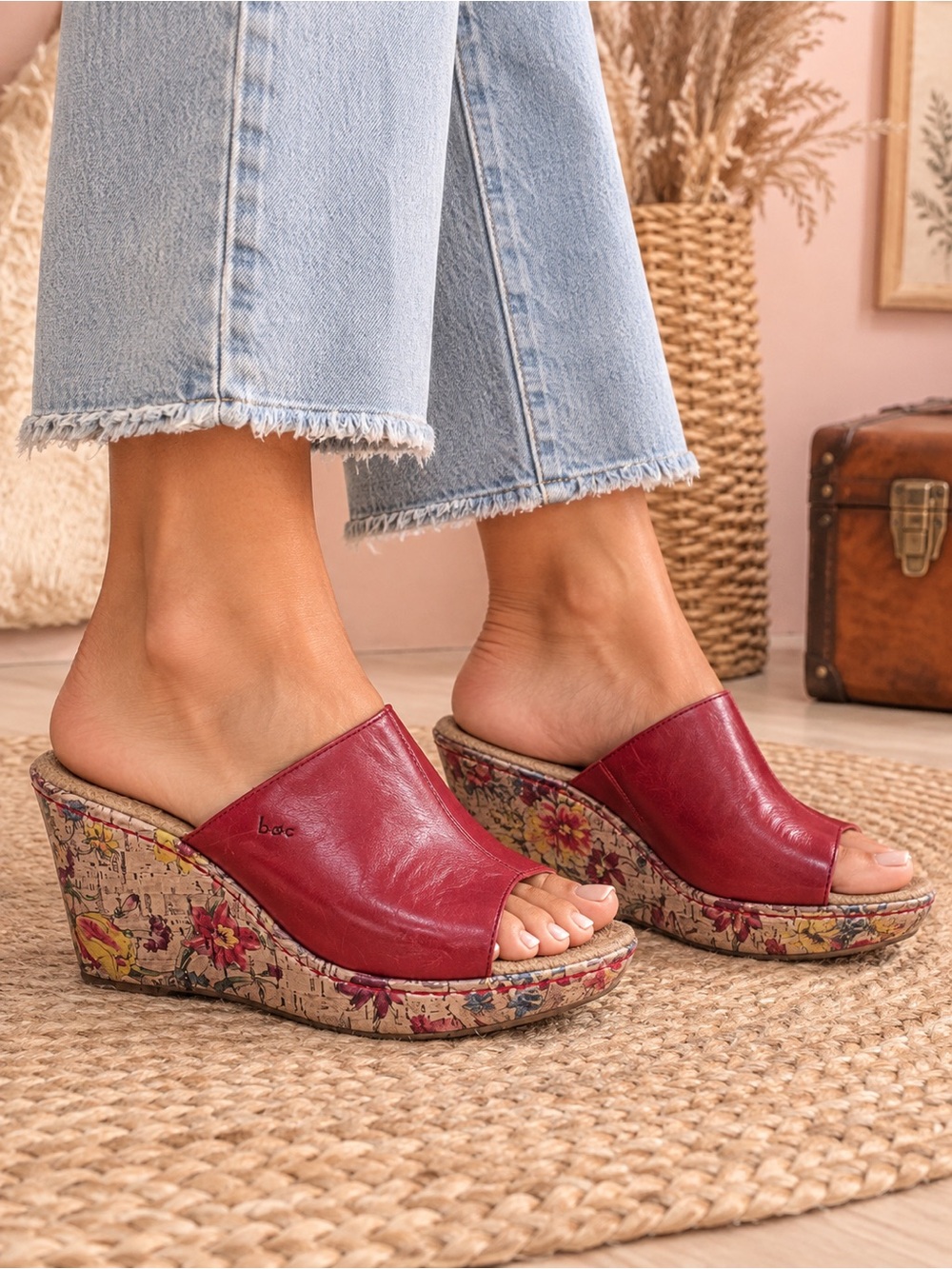 b.o.c. Burgundy Leather Floral Cork Wedge Slides